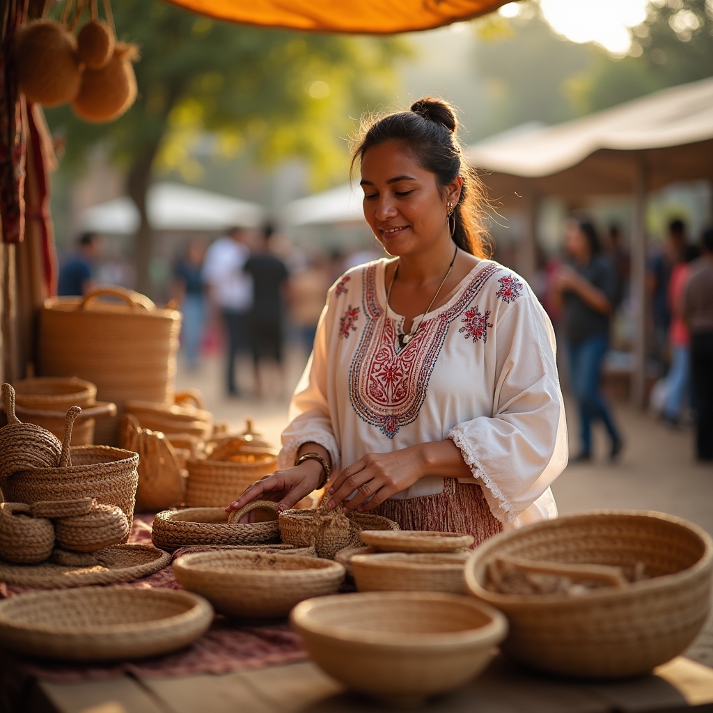 Artisan vendor at a traditional Paraguayan fair displaying hand-woven baskets and crafts