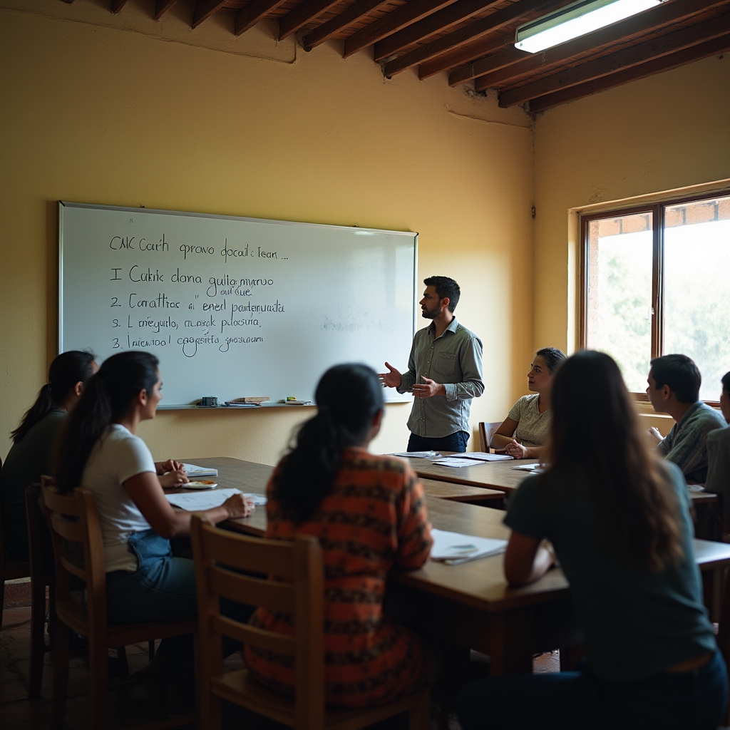 Workshop facilitator explaining tax concepts in both Spanish and Guaraní to a group of participants