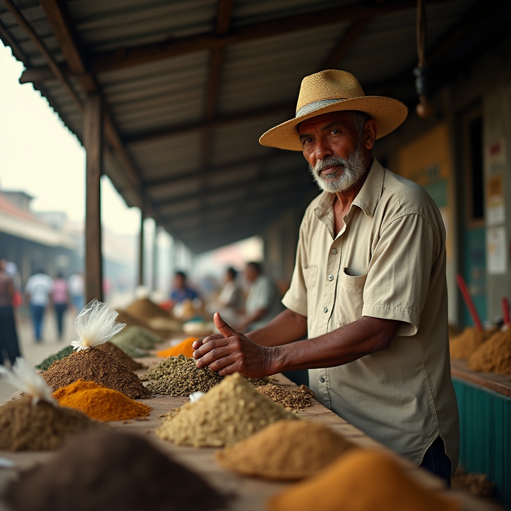 Small vendor at a Paraguayan municipal market organizing products on a wooden table