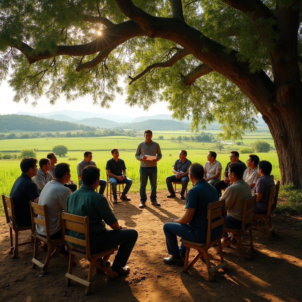 Outdoor workshop setting with participants seated in a community space in rural Paraguay